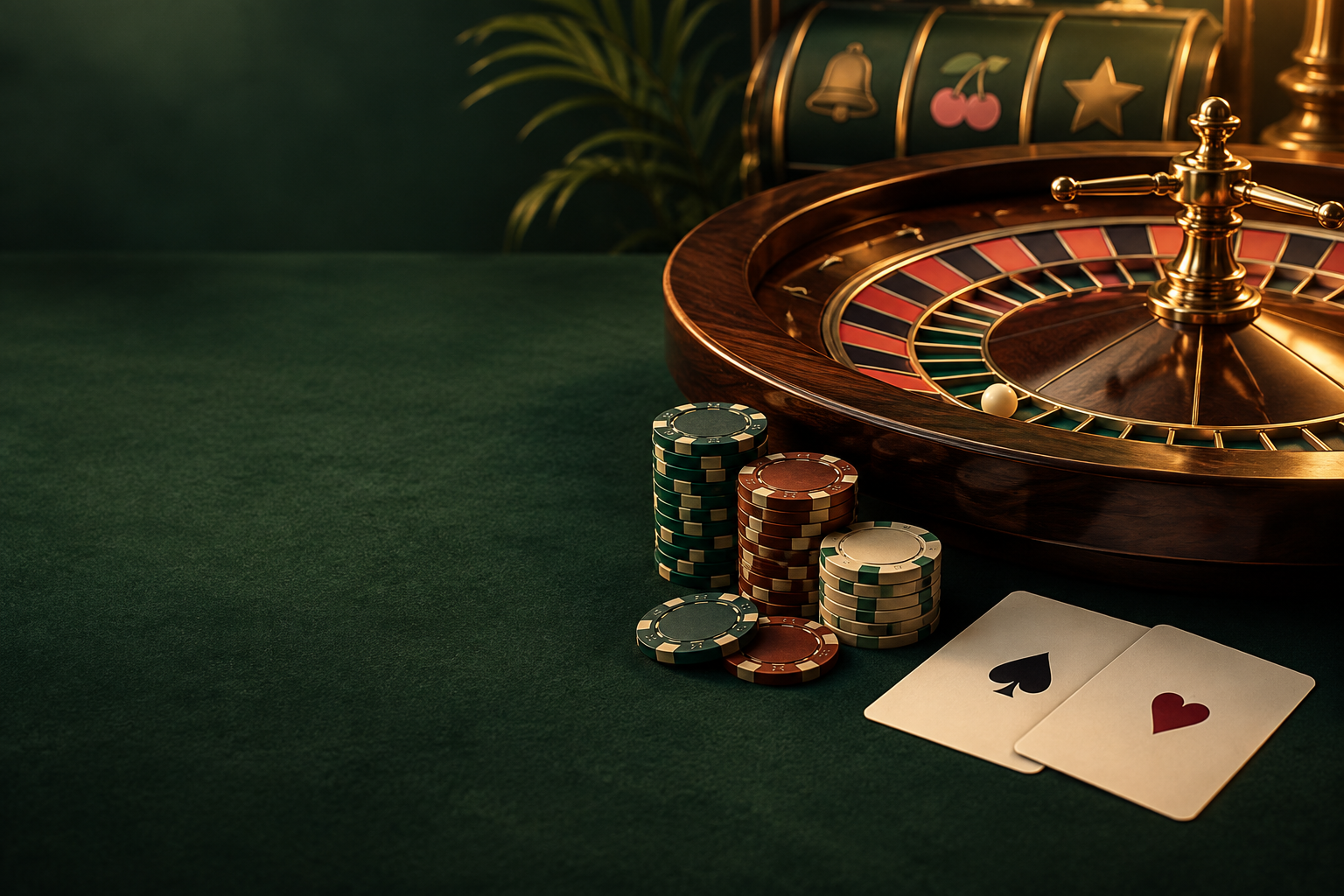 Ilustrasi meja roulette, kartu dan keping dengan cahaya tembaga